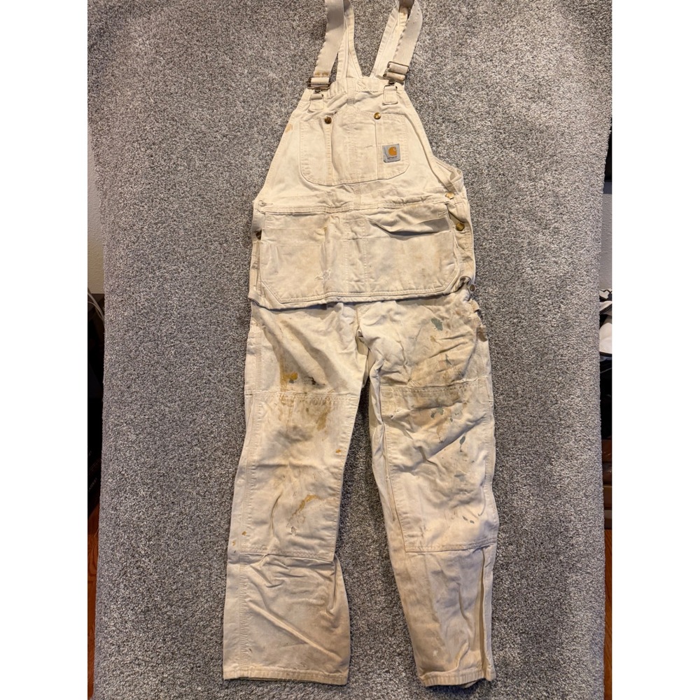 Carhartt Overalls Men 36x30* White Duck Bib Double Knee Distressed Painted Work*